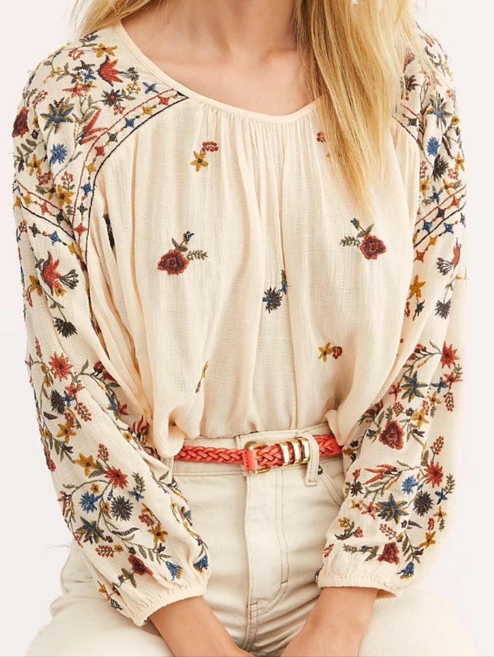 Free People Cream Embroidered Peasant Blouse with Multicolor Floral Stitching